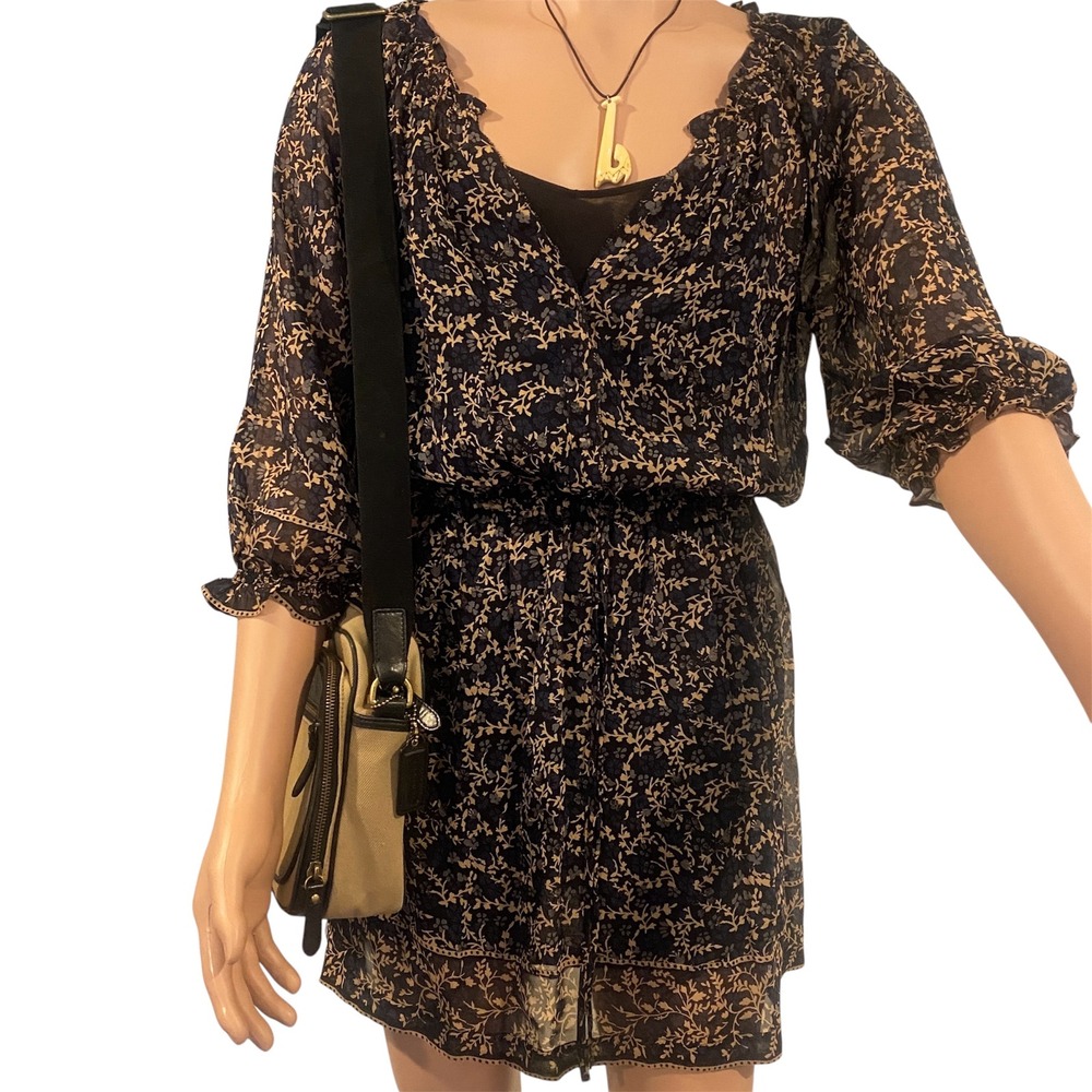 Joie Black Floral Sheer Mini Smocked Ruffle Sleeve‎ Womens Size M Cottagecore